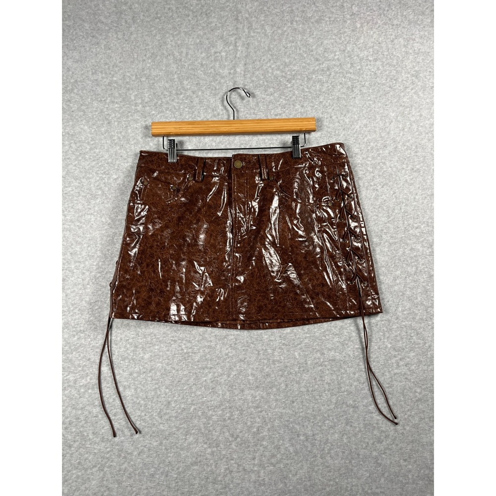 Patent Faux Leather Mini Skirt Womens XL Brown Lace Up Western Rodeo Concert